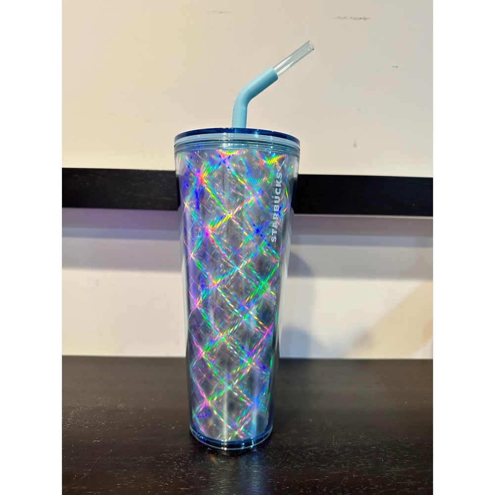 Starbucks Silver Metallic Holographic Star Checkered Slant Straw Cup 2024 - Picture 3 of 9